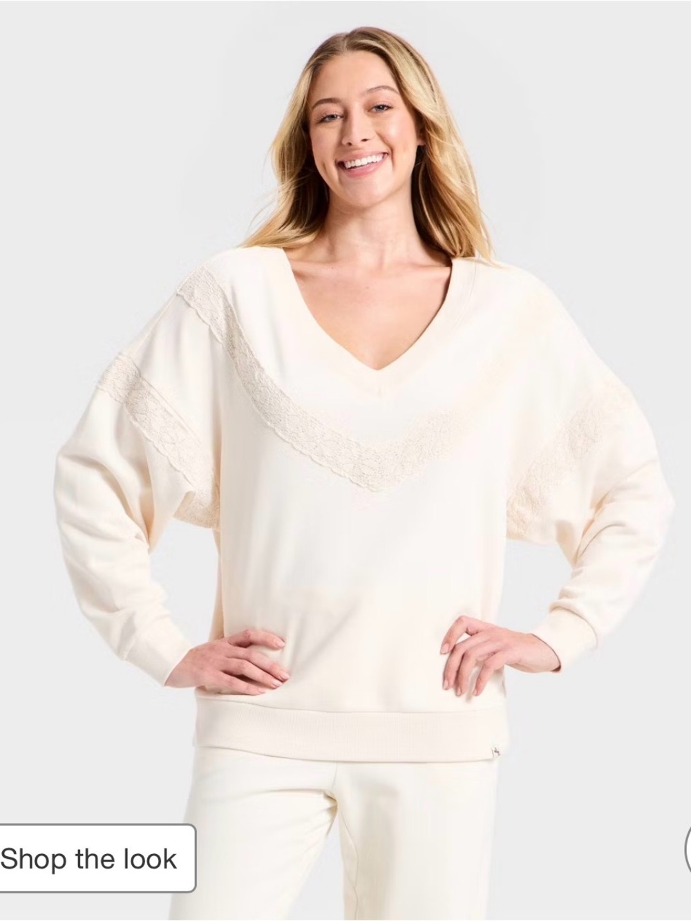 JoyLab Cream V-Neck Crochet Trim Sweater